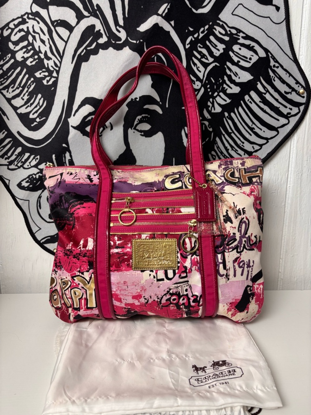 Coach Poppy Graffiti Glam Multicolor Satin Tote Bag